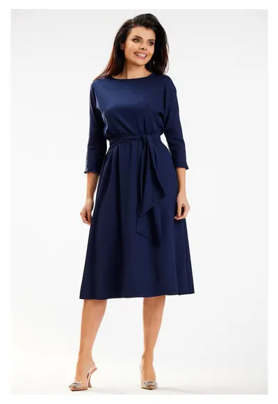 Rochie De Dama - Model Asimetric Cu Talie Marcata - Cappuccino - 96% Poliester 4% Elastan - Rochie Midi Eleganta - Croiala Fluida Cu Slit - Tinuta Luxoasa Casual Si De Seara - Super Confortabila - Fabricata In Polonia - Design Fashion - Albastru inchis