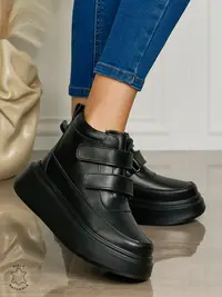 Ghete casual din piele naturală talpa solida cu Velcro si fermoar CRL1512 NEGRU