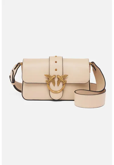 Geanta crossbody de piele cu logo metalic - Crem
