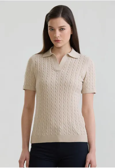 Tricou polo slim fit cu torsade - Bej inchis
