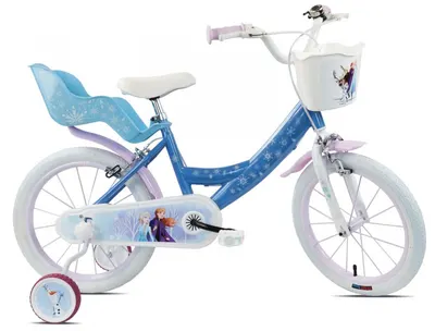 Bicicleta pentru copii Denver Disney Frozen 14 inch, frana de mana pe ambele roti, clopotel, roti ajutatoare detasabile, suport pentru papusi, cosulet transport pe ghidon