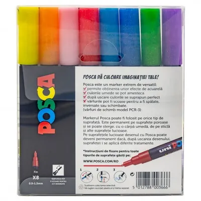 Set 8 markere cu vopsea cu sclipici Posca PC-3ML cu varf rotund 0.9-1.3mm
