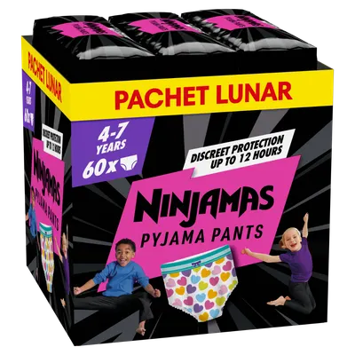 Scutece-chilotel de noapte pentru fetite 4-7 ani 17-30kg, 60 bucati, Ninjamas