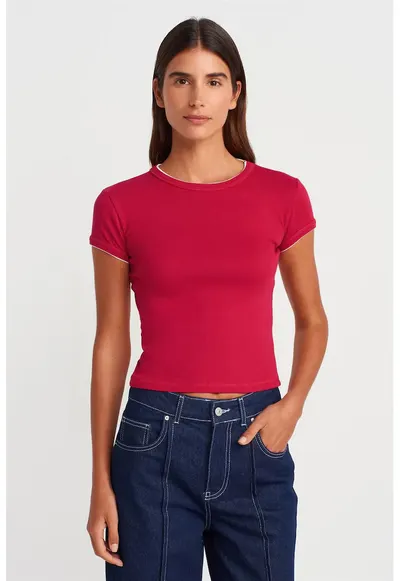 Tricou crop - slim fit - roz magenta - bumbac