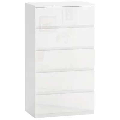 HOMCOM Comodă, Modernă și Anti-răsturnare, Dulap de Depozitare cu 5 Sertare din Pal Melaminat, 55x33x100 cm, Alb Lucios | Aosom Romania