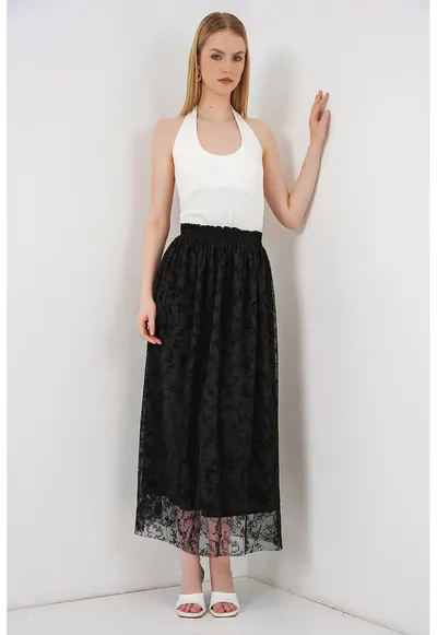 Fusta maxi floral - casual - neagra - 100% bumbac - fara inchidere