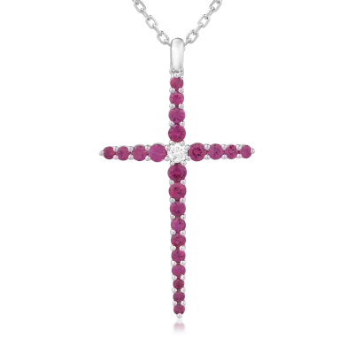Lant cu pandantiv cruce din aur alb cu diamant de 0.09ct si rubine de 1.08ct