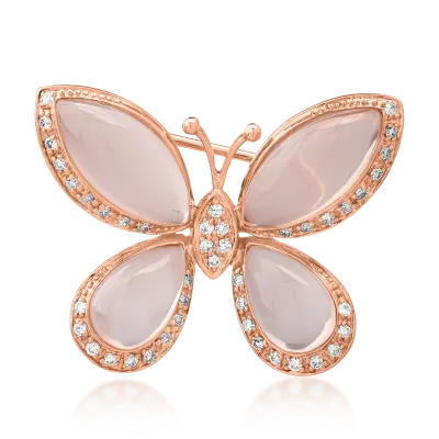 Brosa fluture din aur roz cu quartz roz marquise si pear de 13.646ct si diamante de 0.334ct