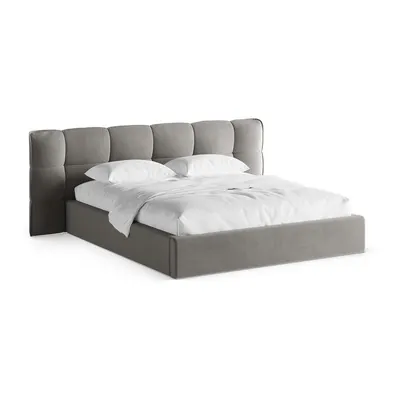 Pat matrimonial gri tapițat cu spațiu de depozitare cu somieră 200x200 cm Eric – Micadoni