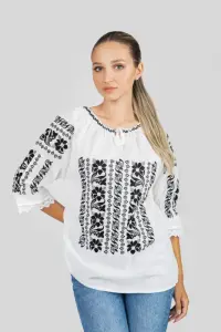 Ie traditionala alba cu motiv floral negru Cerasela