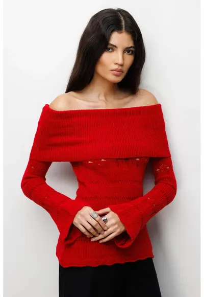 Pulover dama decupat - rosu - 100% poliester - One Size INTL