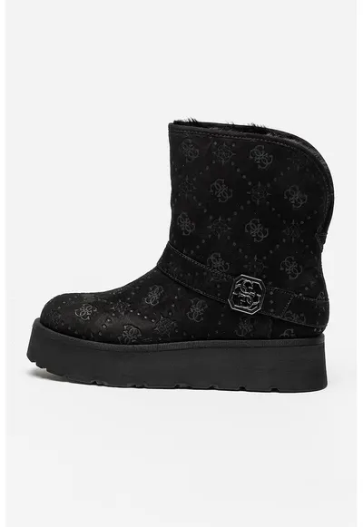 Ghete slip-on de piele intoarsa ecologica cu captuseala de blana sintetica - Negru/Gri carbune
