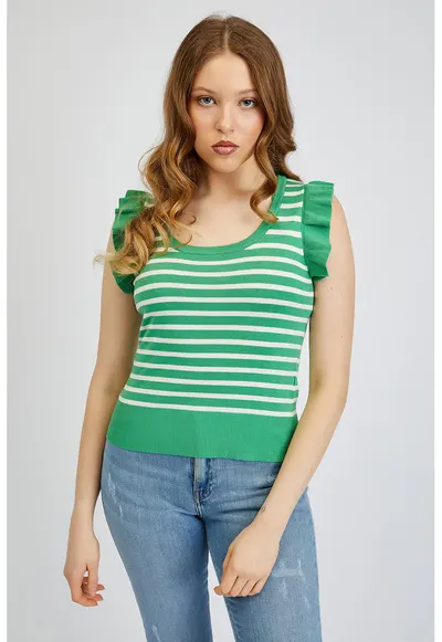 Top slim fit cu volane - Alb/Verde