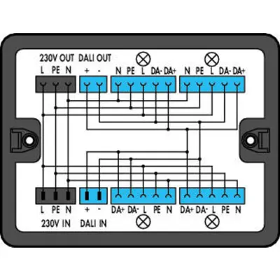Distribution box; 230 V + DALI; 2 inputs; 6 outputs; Cod. A, I; MINI, MIDI; black