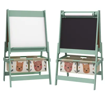 Tablă pentru copii 3 în 1 AIYAPLAY cu 2 containere, șevalet de artă din lemn pentru copii 3-8 ani, 54x46,5x93cm, de culoare verde | Aosom Romania