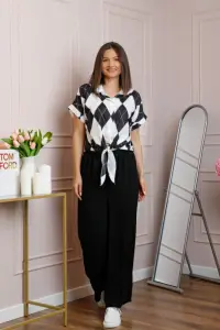 Compleu dama negru cu pantaloni largi si bluza cu nod Candice