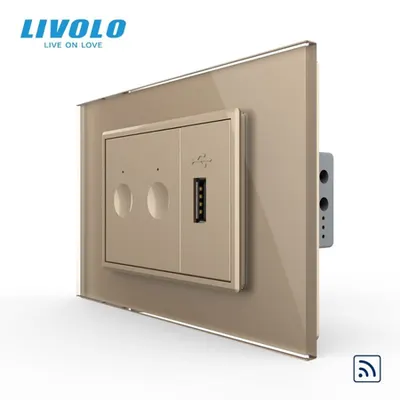 Intrerupator tactil dublu control telecomanda RF + priza USB, 3M, rama sticla Auriu
