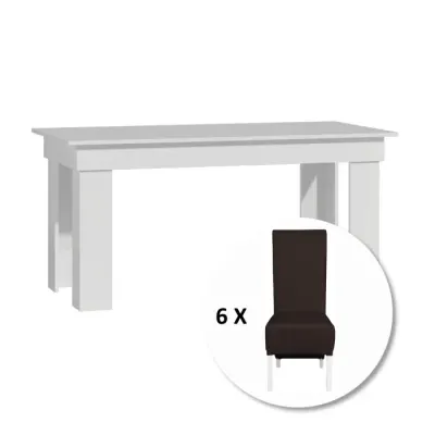 Set masa MONTILLA dreptunghiulara cu 6 scaune VANESSA, alb + piele ecologica maro inchis, 160x80x75 cm