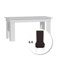 Set masa MONTILLA dreptunghiulara cu 6 scaune VANESSA, alb + piele ecologica maro inchis, 160x80x75 cm