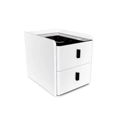 Noptiera inteligenta slim cu incarcare wireless, iluminare LED si 2 sertare – culoare alb, design modern din sticla si lemn