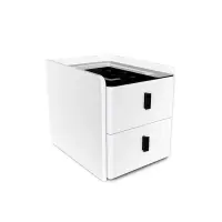 Noptiera inteligenta slim cu incarcare wireless, iluminare LED si 2 sertare – culoare alb, design modern din sticla si lemn
