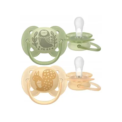 Set 2 suzete, Philips Avent, Colectia Ultra Soft , Ortodontice, Fara BPA, Cu disc flexibil, Pentru pielea sensibila a bebelusului, 6-18 luni, Cu model, Galben/Verde