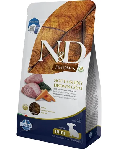 FARMINA N&D Brown Dog Puppy Mini Lamb, Spirulina, Carrot 1,5 kg Mancare catei cu blana maro, cu miel