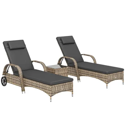 Outsunny Set de 2 șezlonguri : saltea, tetieră, înclinare reglabilă, roți + măsuță de cafea cu sticlă securizată gri închis | Aosom Romania