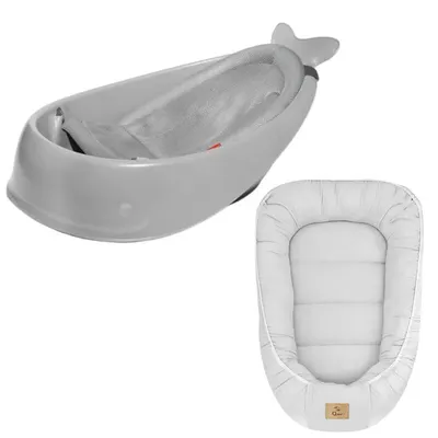 Set Cadita inteligenta, Skip Hop, Pentru 3 etape de crestere, Gri si cosulet bebelus, Qmini, 55 x 75 cm, Husa 100% muselina dubla, Grey