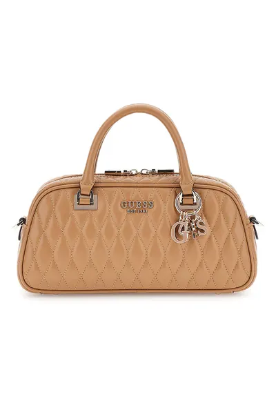 Geanta crossbody matlasata cu logo metalic - Caramel