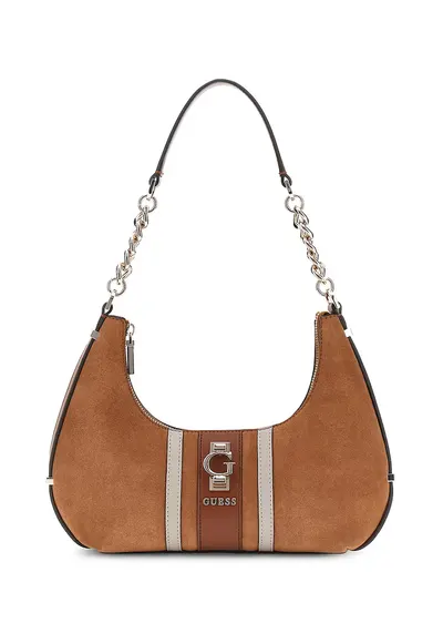 Geanta hobo din piele intoarsa cu detaliu logo - Caramel