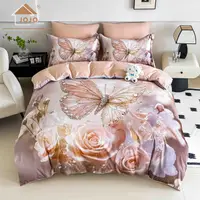 Lenjerie de Pat Bumbac Finet 5D 4 Piese cu Elastic 140x200 , Blush Butterfly