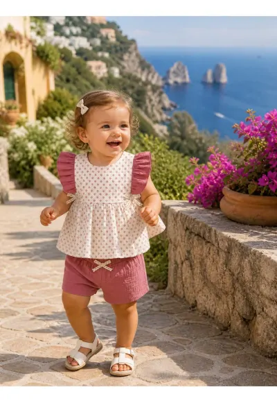 Set bebe fetita muselina 2 piese bluza cu volane si pantaloni scurti roz