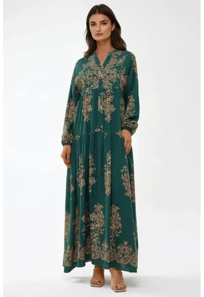Rochie maxi - maneca lunga - verde - viscoza
