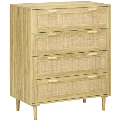 HOMCOM Comodă cu 4 Sertare în Stil Boho, Comodă din Lemn și Ratan pentru Dormitor și Hol, 90x45x108,5 cm, Stejar | Aosom Romania