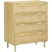 HOMCOM Comodă cu 4 Sertare în Stil Boho, Comodă din Lemn și Ratan pentru Dormitor și Hol, 90x45x108,5 cm, Stejar | Aosom Romania