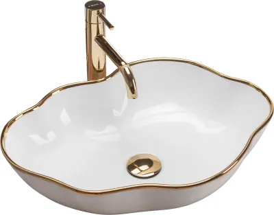 Lavoar baie din ceramica sanitara, alb cu margine aurie, asimetric, Rea Pearl