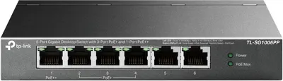 "6-Port Gigabit Desktop Switch with 3-Port PoE+ and 1-Port PoE++ PORT: 1× Gigabit PoE++ Port, 3× Gigabit PoE+ Ports, 2x Gigabit