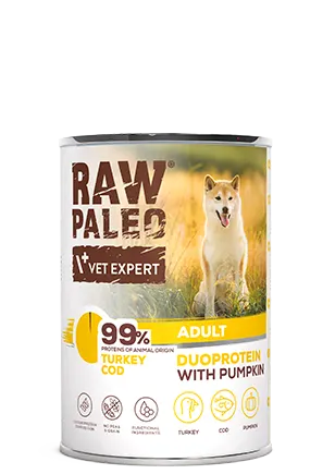 Hrană umedă pentru câini, adult, Raw Paleo Duo Protein, Curcan cu Cod și Dovleac, 400g