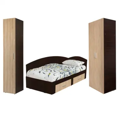 Set dormitor modular ALMA, 3 piese, pat de colt 120x200 cm, colt interschimbabil, dulap 2 usi, dulap 1 usa, sonoma inchis + sonoma deschis