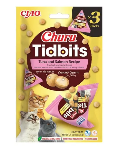 INABA Cat Churu Tidbits Rețetă cu Ton și Somon 3×12 g recompense moi și cremoase cu ton și somon pentru pisici
