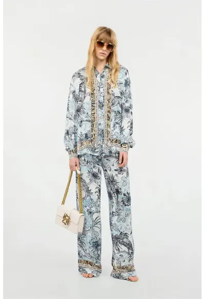 -Pantaloni largi cu imprimeu floral și elastic în talie - Albastru