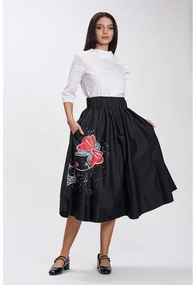 Fusta neagra midi pictata manual Zina