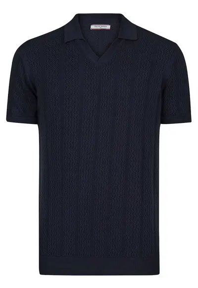 Tricou polo din bumbac cu aspect tricotat - Bleumarin