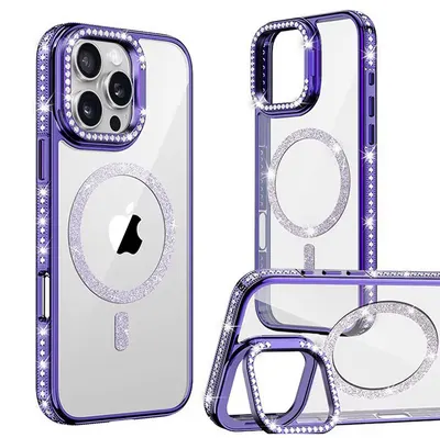 Husa Crystal MagSafe, Suport camera, iPhone 15 Pro, Strasuri si sclipici, Protectie antisoc, Mov Engros