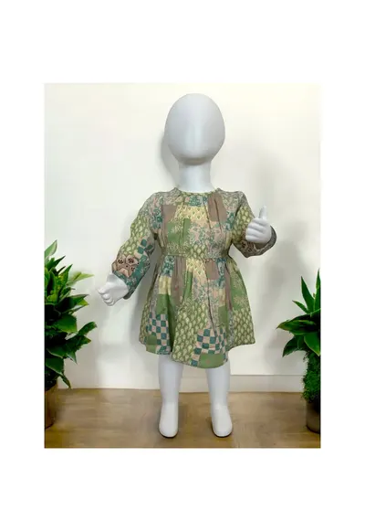 Rochie cu maneca lunga si elastic in talie - - Botanic Garden - Bej & Verde - pentru fetite - Verde/Bej