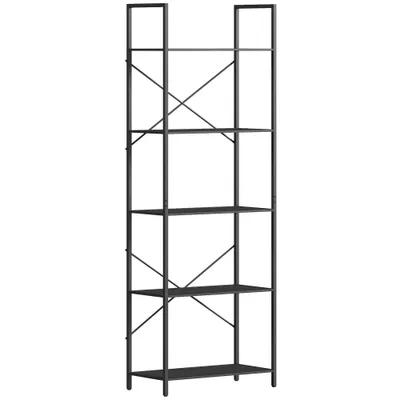 HOMCOM Raft pentru cărți, raft independent cu 5 nivele, raft industrial pentru birou cu cadru metalic, raft deschis de depozitare pentru living, birou, cameră de lucru, 60x30x170,5 cm, Negru | Aosom Romania