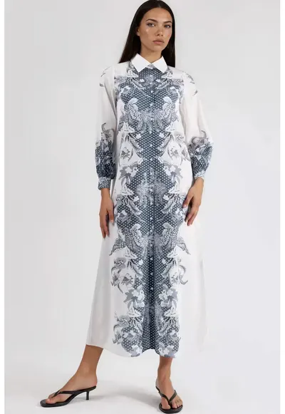 Rochie midi - imprimeu floral - maneca lunga - poliester/lycra - alb/gri