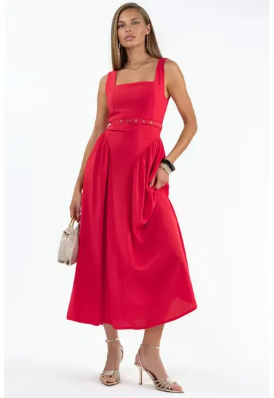 Rochie Midi rosie - poliester - fara maneci - decolteu patrat - Rosu