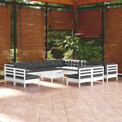 vidaXL Set mobilier grădină cu perne, 14 piese, alb, lemn masiv pin